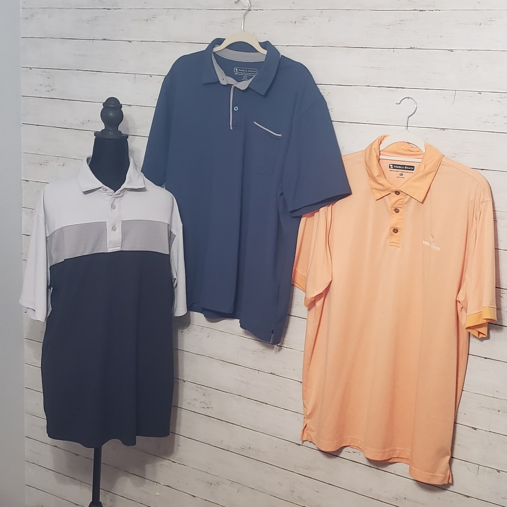 3 Pc-Pebble Beach Men's Polo Shirts - Blue, Orange, and Gray XL Dry Luxe Perform